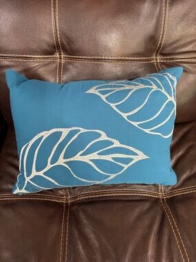 Teal Blue Decorative Throw Pillow with Silver Leaf Embroidery